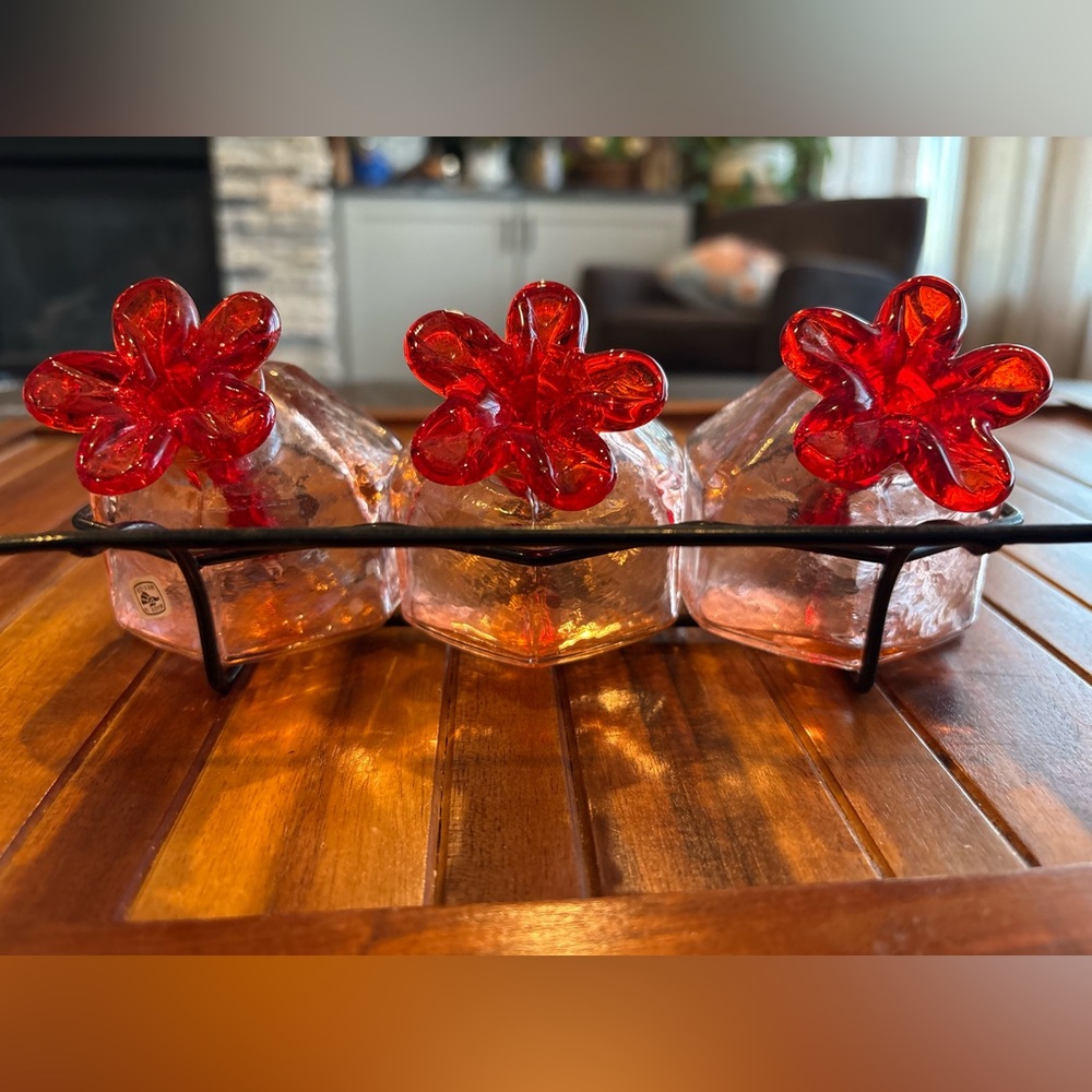 Vintage Parasol Triple Hummingbird Feeder Set Pink Glass Bottles w/ Metal Rack - Picture 7 of 9